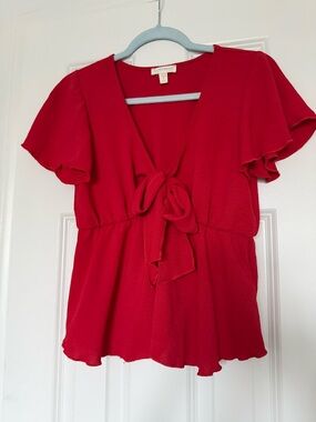 See You Monday Red Tie-Front Flutter Sleeve Blouse